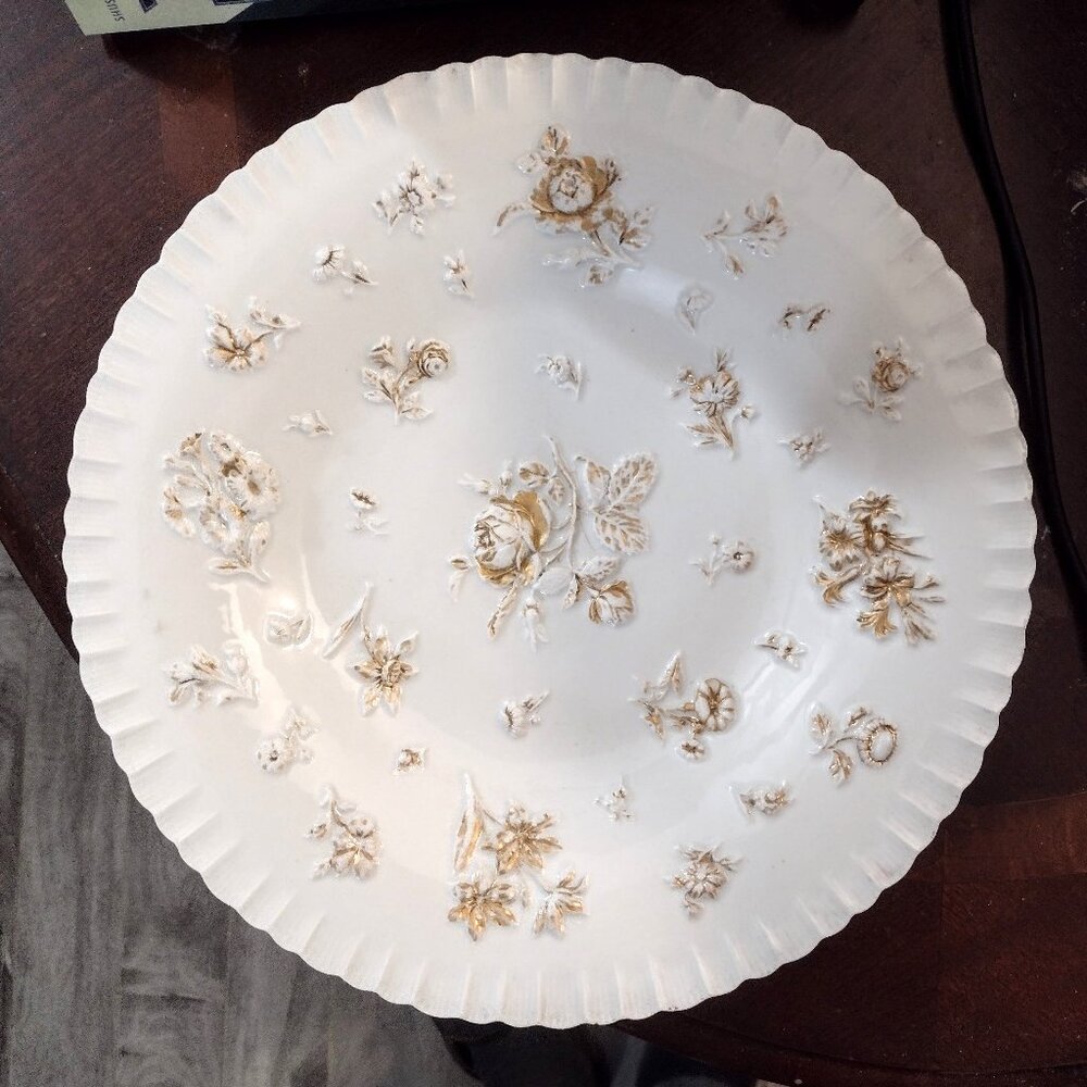 Meissen Porcelain Deep Plate, embossed edges and raised floral design